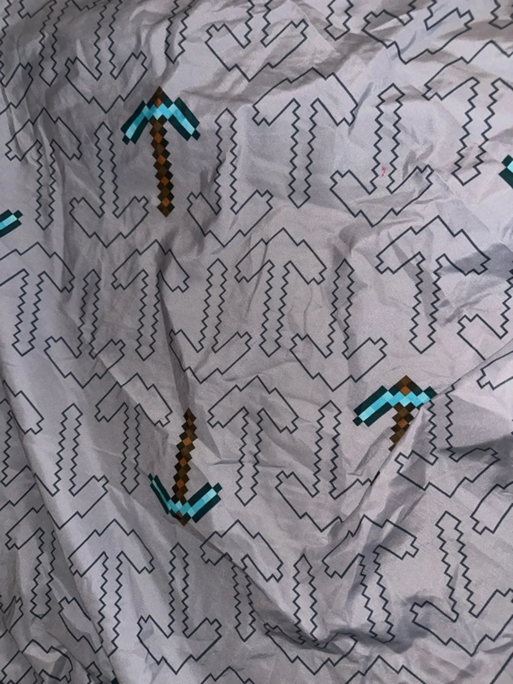 Pixel Pickaxe Print Bedding or Fabric - Gray with Teal & Brown Accents